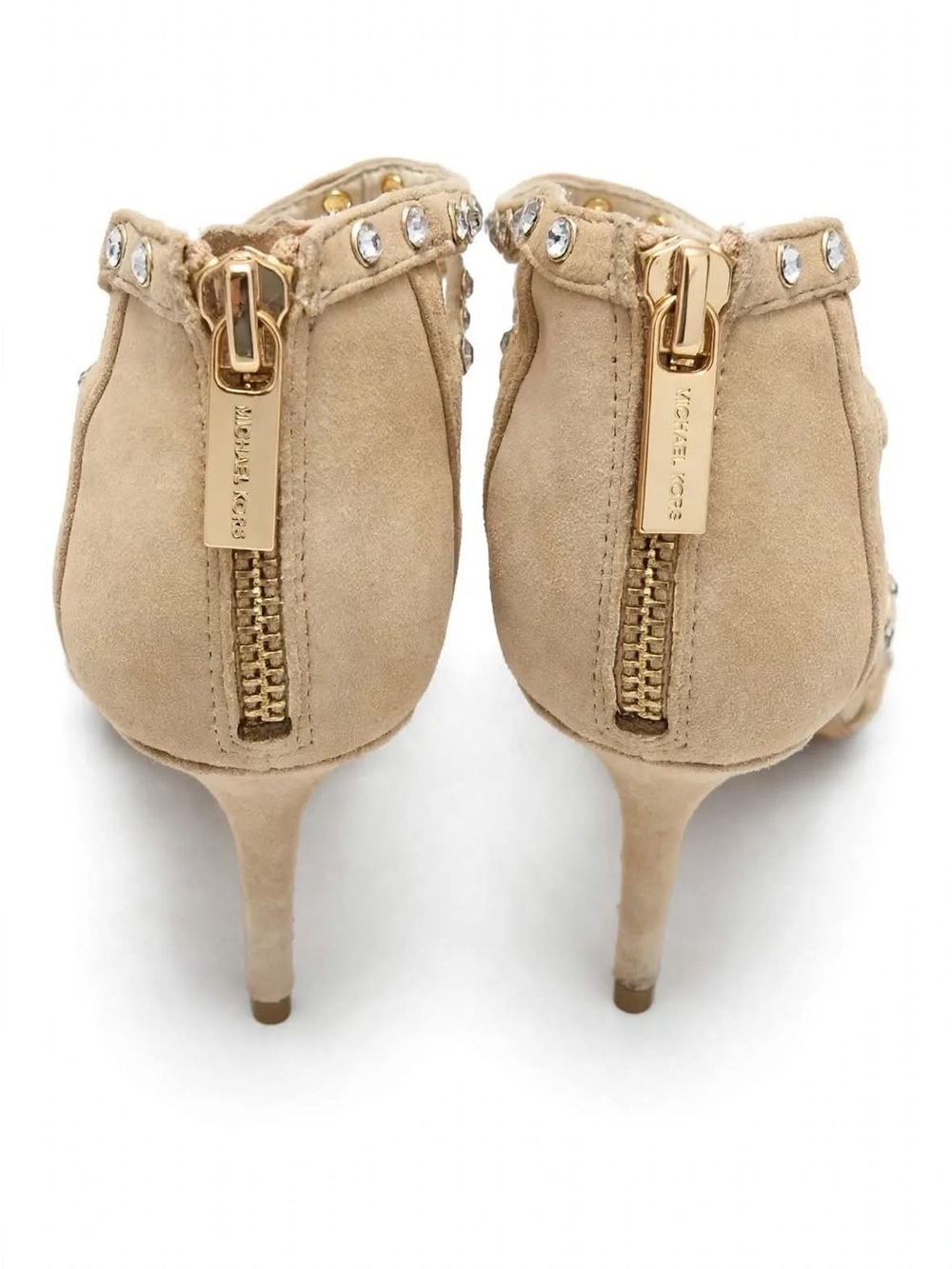 Michael Kors Gladiator Heels 7M Beige Suede Rhinestone Stiletto Sandals Back Zip - Picture 3 of 6